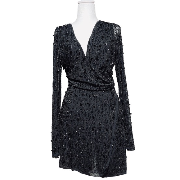 Oh Polly Dresses & Skirts - Oh Polly Black Beaded Mesh Bodycon Wrap Dress Party Evening Occasion